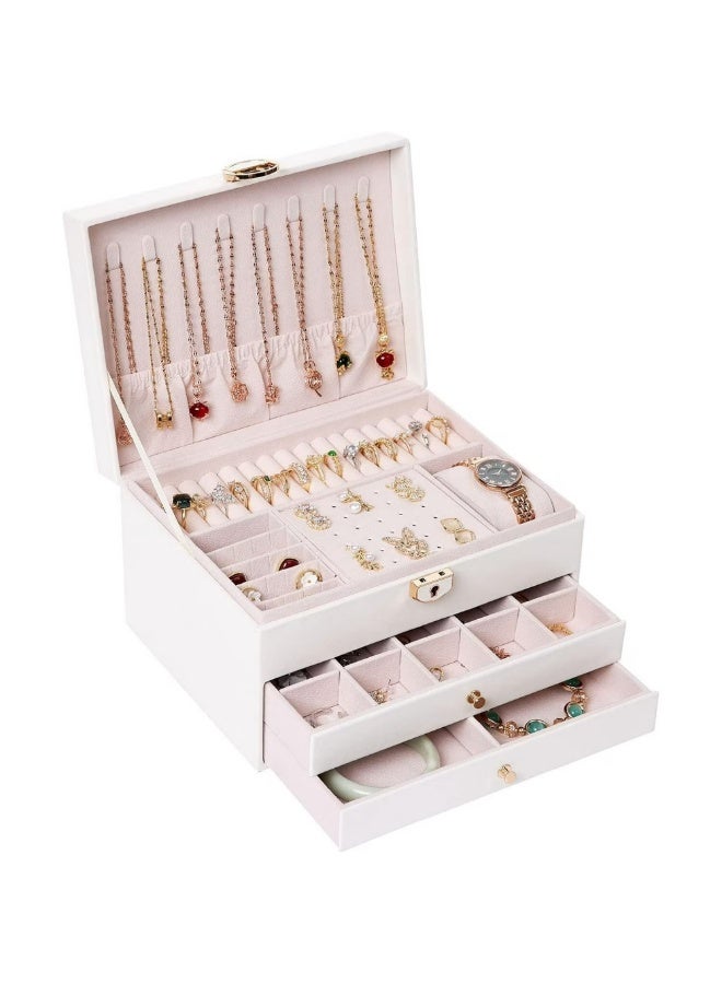 Jewelry organizer for women and girls, large three-tier jewelry storage box, faux leather jewelry display stand with removable tray for necklaces, earrings, rings and bracelets